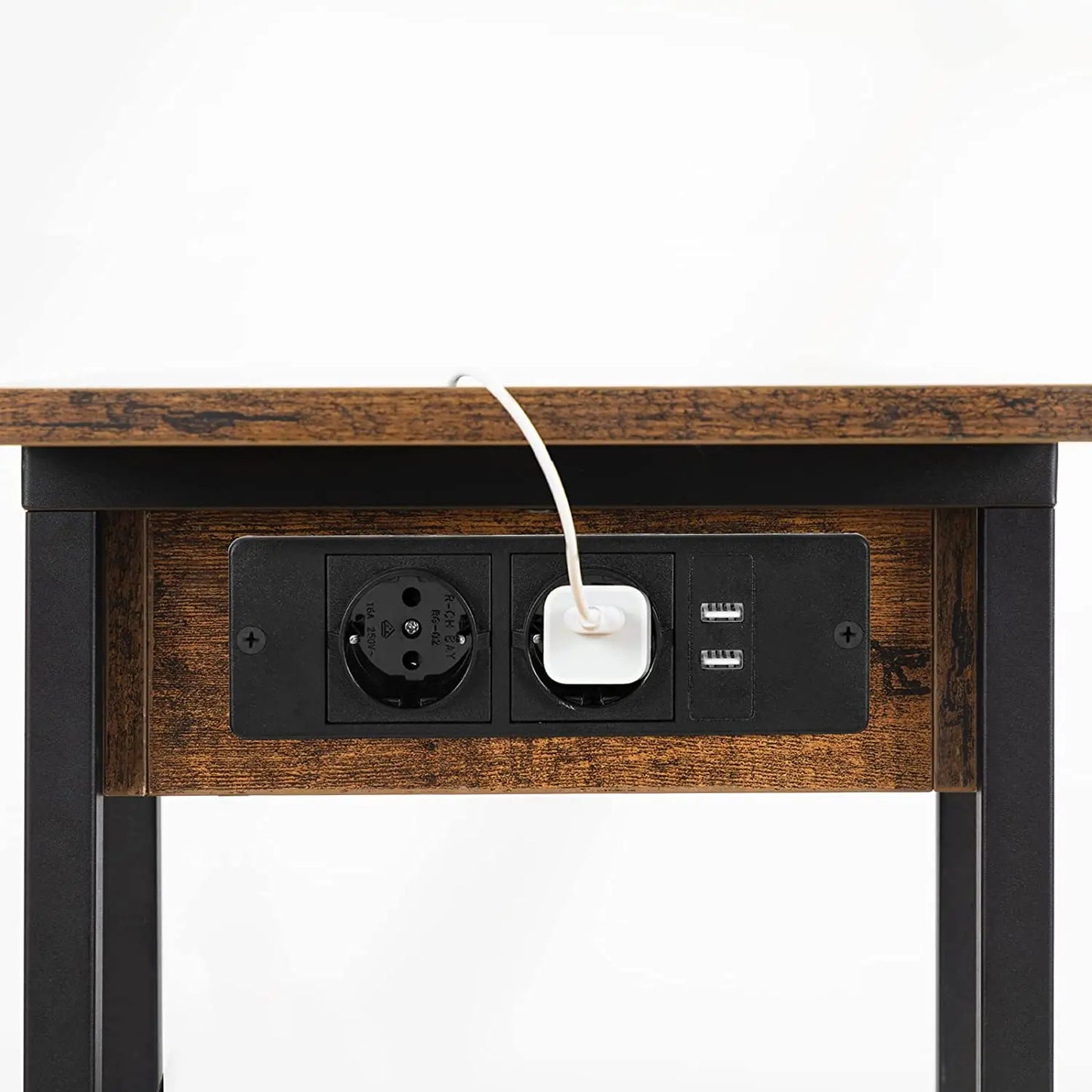 HOOBRO Rectangle Shaped Rustic Brown Wood Clamshell Tabletop Black Metal Flip C Shape Base End Tables/ 2-USB Ports Charging Station/ 4-Wheels-2-Shelves/2-AC Outlets