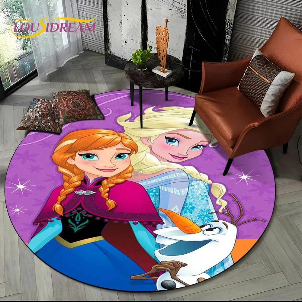 MINISO Indoor-Outdoor Kids Blue Background Round Shaped DISNEY'S Frozen II Movie Cartoon Anime Princess Elsa-Anna-Olaf Design Skid-Proof Bottom Polyester-Flannel Rugs/Colors-Blue/Red/Black/White