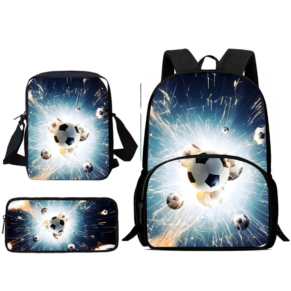MINISO Kids 3 PCS Large Waterproof Nylon Fabric Zippers Exterior Pockets Printed-Burning Flames Soccer Ball Design Curved Back Shoulder Straps-Handle Sports IPAD Compartment School Backpacks/Color-Black/White/Blue/Multicolor