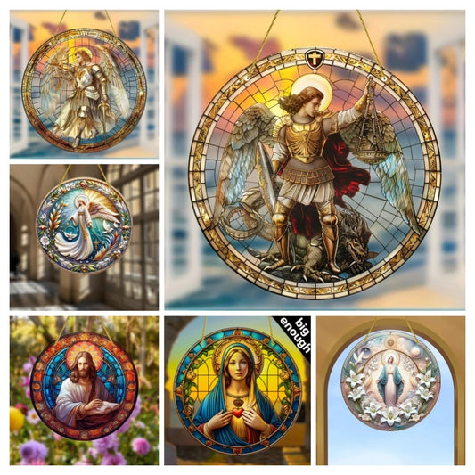 No-EN-Name-Null Classic Round Colorful Multicolor Acrylic Stained Glass Christian Suncatchers/Colors-White/Gold/Red/Blue/Multicolor/Sizes: Size:15x15cm(6x6inch) or 20x20cm(8x8inch)