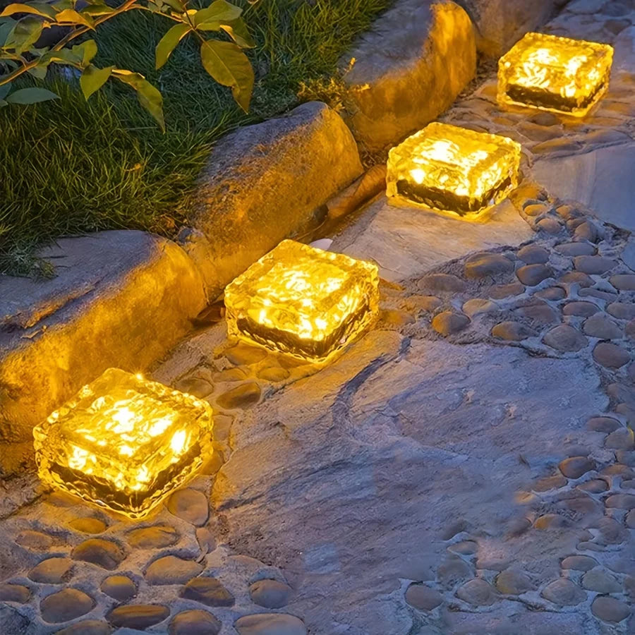Outdoor Waterproof Light Control Automatic Solar-Powered Charging Day-Night Square Warm White Clear Transparent Ice Cube Brick Design Landscape Pathway Lights/Colors-Clear/White/Yellow/Bulbs Included