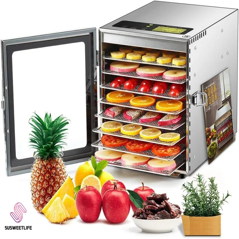 SUSWEETLIFE Kitchen Stain Steel 8 Layers Fruit Dehydrator Machines/120V 60Hz/ 500 Watts/Glass Door/Stain Steel Trays/Colors-Silver/White