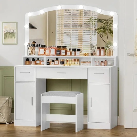 NULL Women White Modern 10 Built-In LED Lights Bulbs Large Mirror Makeup Three Drawers Wood Vanity Desks/2 Side Cabinets/ Long Storage Shelf /Soft Cushioned Stool/Colors-Black/White/Gray