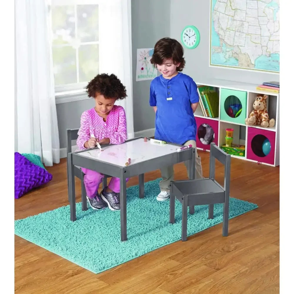 DUTRIEUX Kids Modern Chinese Safe Round Edges Rubberwood Gray Trim White Rectangle Shaped Play Table-2 Chairs Baby-Toddlers Furniture Sets/Ages: 1-5 Years Old/Assembly Required
