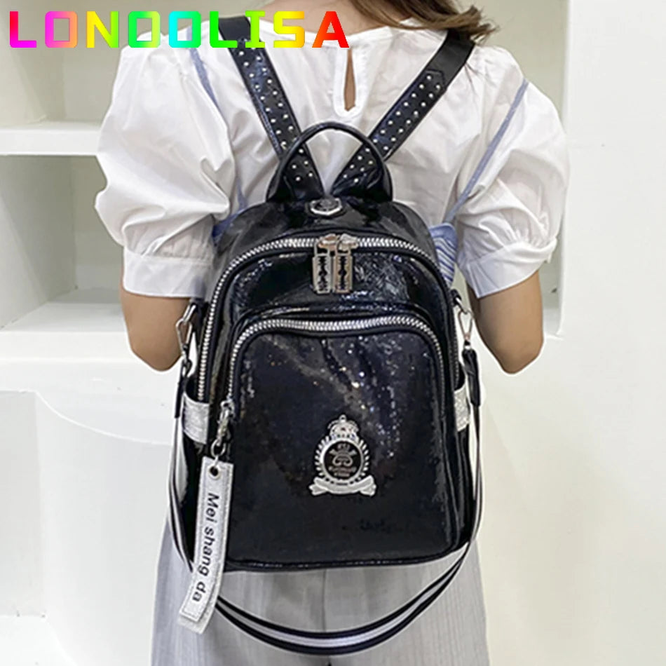 LONOOLISA Women Large Black-White Faux Leather Letter Sequins Logo On Front  Design Built-In Laptop Compartment Polyester Lining Shoulder Straps-Handle External Pockets Double Zippers Backpacks/Interior Slit Pocket/Interior Zipper Pocket