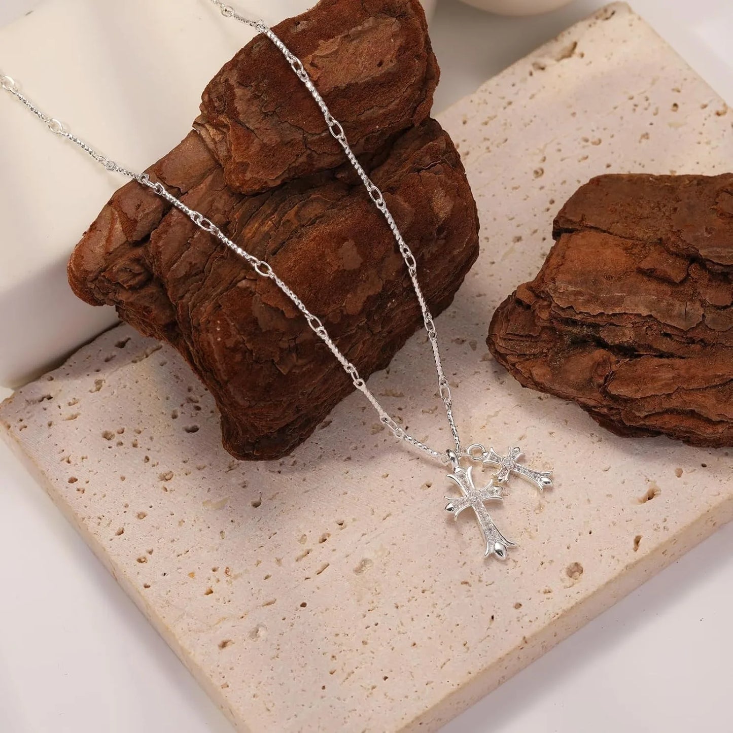 No-EN-Name-Null Women Fine Imitation 18K Gold-Plated Brass Metal Clear White Shiny Diamond-Like Stones Two Cross Pendants Chain Lobster Clasp Necklaces