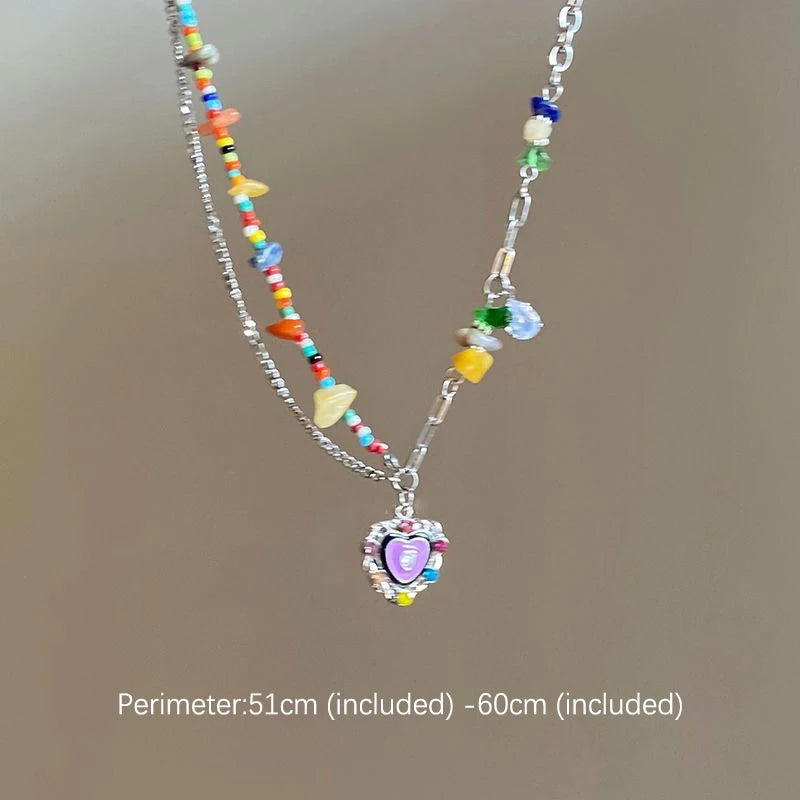 No-EN-Name-Null Adults Women Vintage Imitation Zinc Alloy Metals Imitation Bohemian Natural Crystal Stones Flower Dangle-Hearts-Smiling Star Multicolored Beaded Pendant Necklaces/Colors-Floral/Multicolor