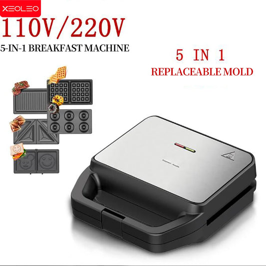 XEOLEO Black Non-Stick 5 in 1 Electric Waffles Iron Makers/5 Non-Stick Plates Included