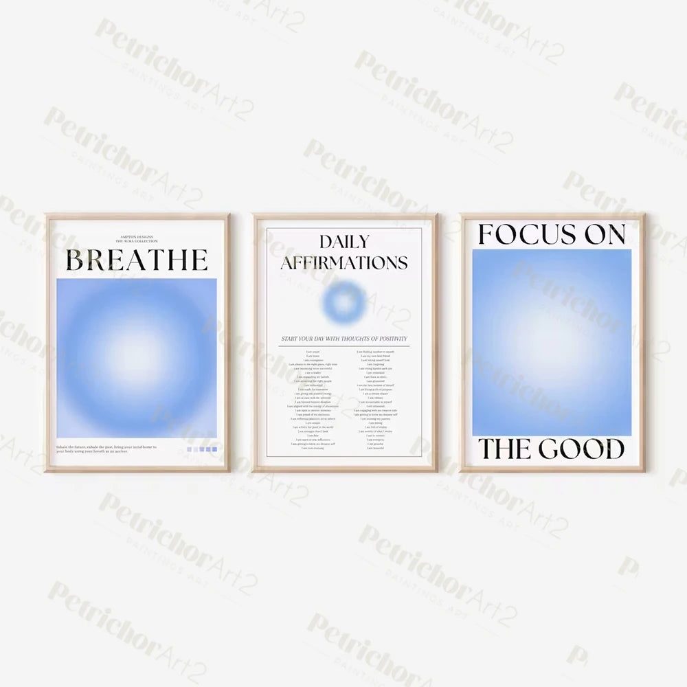 No-EN-Name-Null 3 PCS Modern Unframed Canvas Rectangle Waterproof Ink HD Printed Abstract Black Text Saying Positive Blue Aura Spiritual Breathe-Daily Affirmation-Focus-On Wall Art Prints/Colors-Blue/Beige/White/Black/Multicolor