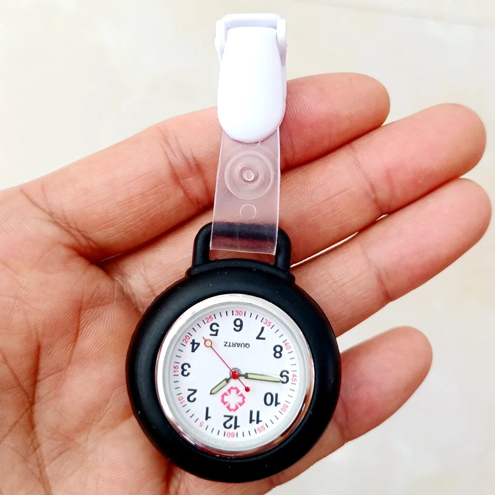 No-EN-Name-Null Adults Waterproof Quartz Analog Display Nurse-Doctors Glass Face Round Metal Alloy Case Red Silicone-Rubber Covered-Straps Arabic Numeral Clip-On Fob Pocket Watches /Colors-Pink/Red/White/Black/Purple/Light Blue/Blue