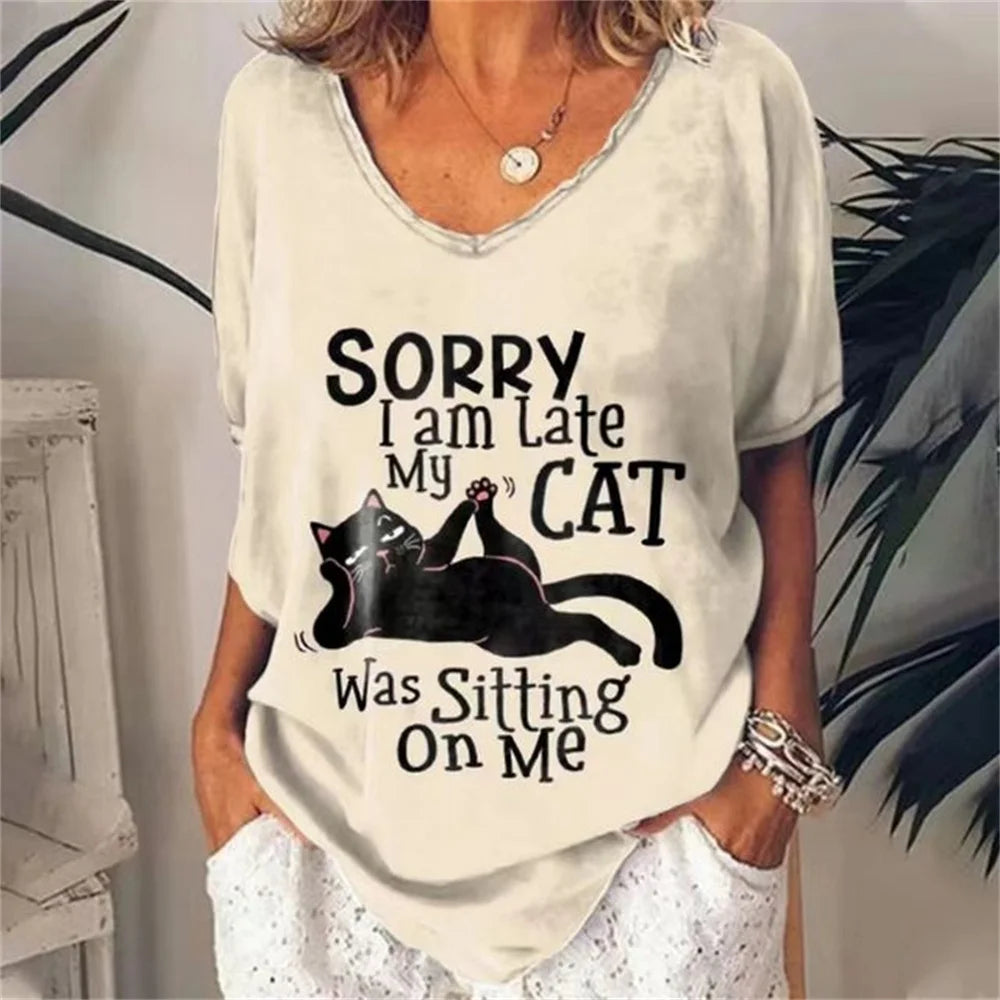 No-EN-Name-Null Women Knit V-Neck Medium Length Cute Cartoon Anime Cat Shaped Stretchable Cotton-Lycra Short Sleeved T-Shirts/Sizes: S-2XL/Colors-Green/Gray/Animal/Checkered/Floral