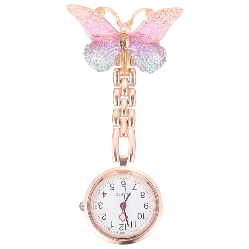 No-EN-Name-Null Adults Metal Alloy Round Shaped Digital Quartz White Face Black Numbers Butterfly-Flower Floral Styles Hanging Locked Pin-On Lapel Nurses Fob Pocket Watches