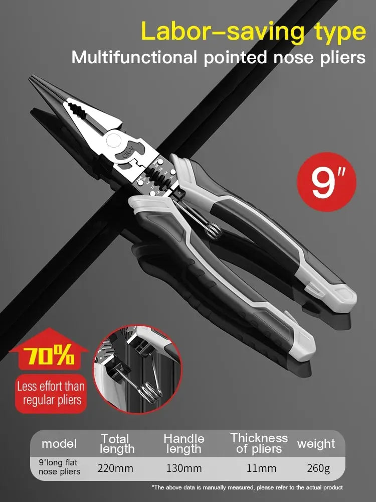 3 PCS Set AIRAJ DIY Electrical Straight Plastic Black-Gray-White Coated Handle Silver Chrome-Plated Steel-9 Inch Steel Wire Cutter-9 Inch Pointed Needle Nose-8 Inch Diagonal Cutting Pliers