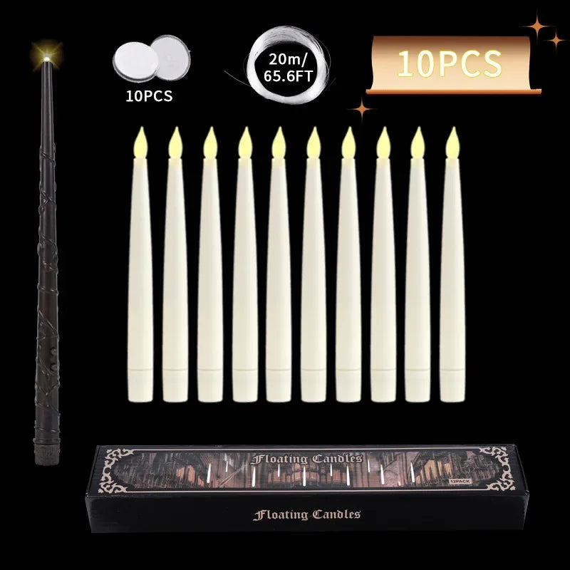 10-12 PCS Plastic LED White Cylindrical Magic Wand Remote Control Floating Flameless Candles/20m Fishing Line/10-12 Hooks/1 AA batteries (not included)/1 AAA battery (not included)