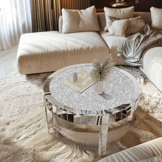 Wisfor Silver Round Copper-Free Mirrored Flat Glass Diamond Inlay Top MDF Board Coffee Tables/Net Weight: 19.95kg/ 43.98 lbs/Weight Capacity: 50kg/ 110.23 lbs/Dimension: L x H 80x46.5cm/ 31.5x18.3 inch