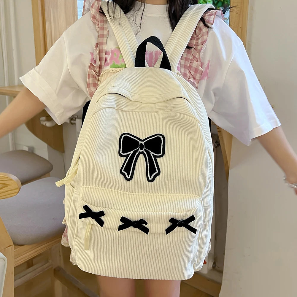 VKTECH Women Lightweight White Corduroy Charming Butterfly One Big-Three Small Black Bowknots Design Zippers Single Compartment Polyester Lining Shoulder Straps-Handle External Pockets School Backpacks/Colors-White/Black/Beige