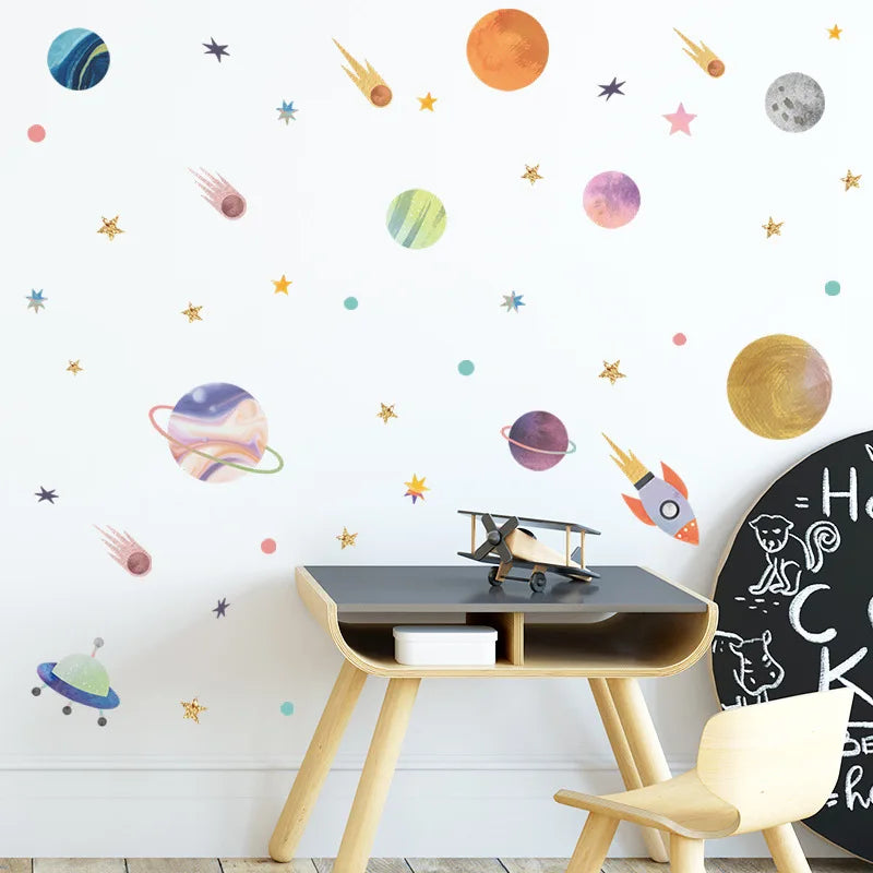 HEATBOYWADE Kids 4 PCS Creative Multicolor Plastic Self-Adhesive Removable Creative Cartoon Universe Planets Space Home Decor Wall Decals Sets /Colors-Multicolor