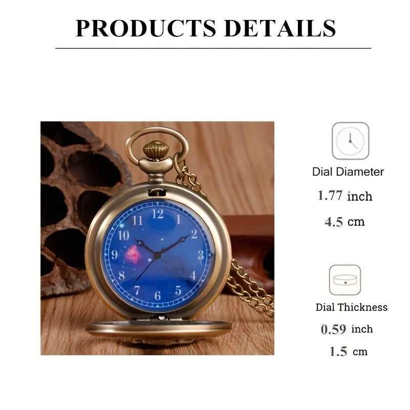 RUNERR Adults Vintage Imitation Quartz Analog Display Bronze Hollow-Out Round Shaped Metal Case Cartoon Little Prince Design Pendant Chain-Pocket Watches