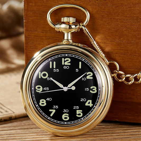 GORBEN Adults Gold Metal Alloy Round Hollow Open Face Arabic Numerals Luminous Hand Wind Black Face Glowing-In-Dark Numbers Pendant Chain-Pocket Watches/Colors-Black/Silver/Gold/Optional: With Wood Box-Without