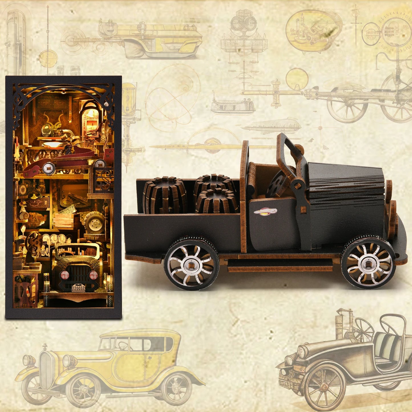 No-EN-Name-Null Modern Rectangle Clear Dust Cover Architecture Theme DIY Medium Hard 3D Wood Pegged Puzzle Vintage Classic Car LED Light Book Nook Thematic Kits/Ages: 6-10 Years + Older/Colors-Brown/Black/Clear/Ages: 6 Years Old-Adults