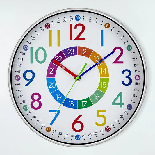 12 Inch Colorful Early Childhood Education Mute Wall Clocks/Punch-Free Battery Electronic Power