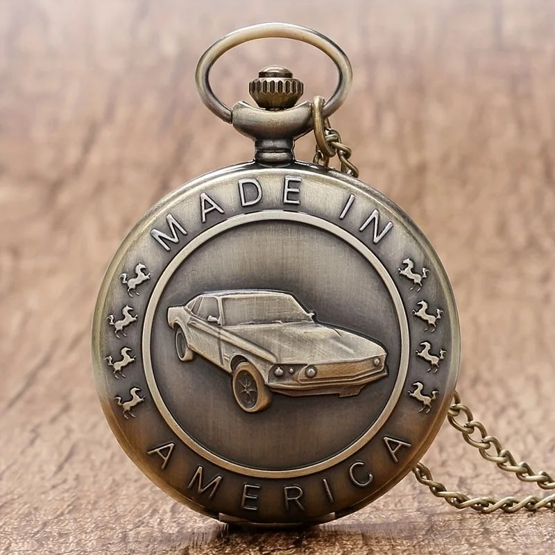 SOXY Adult Men Quartz Analog Display Glass Face Arabic Numeral Stainless Steel Metal Round Shaped Case Bronze Classic Antique Ford Mustang 4 Horses Standing Up Each Side Made In America Design Floral Back Bronze Chain-Pocket Watches