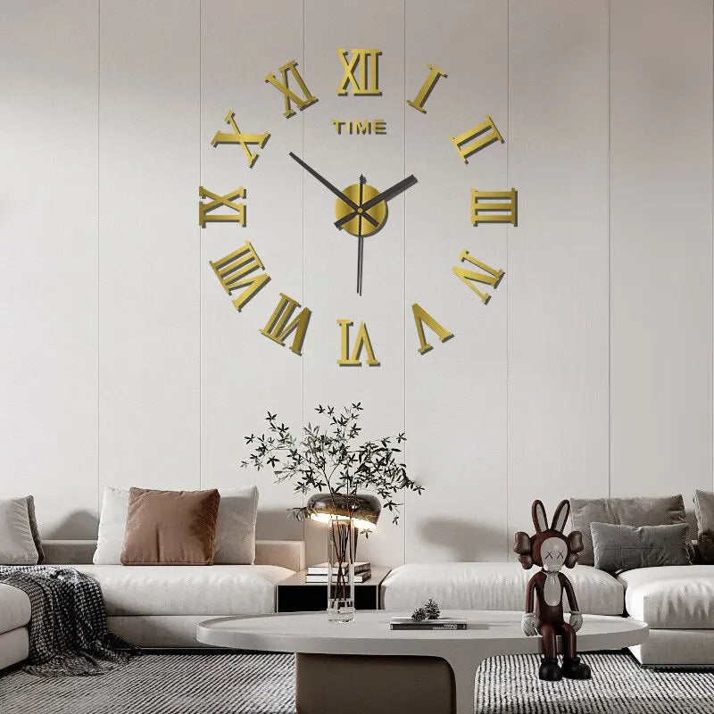 European Large Round DIY EVA Self-Adhesive Single Face Metal 3D Acrylic Mirror Digital Roman Numeral Quartz Wall Clocks/Colors-Geometric/Black/Silver/Gold