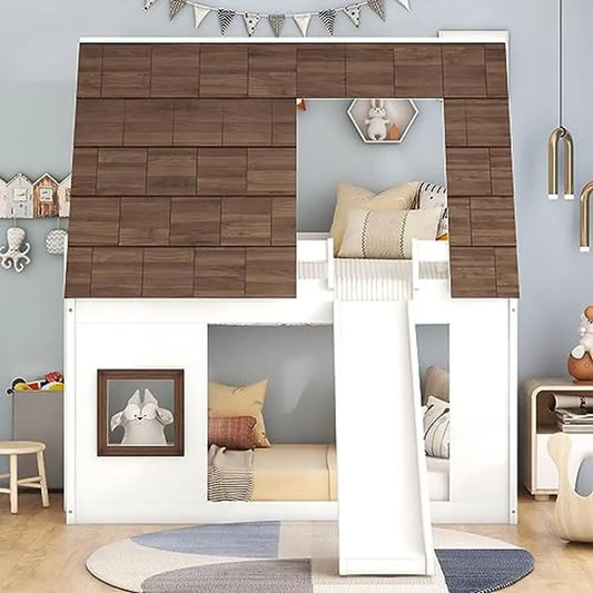 DUTRIEUX Modern Rustic Painted White-Brown Pine Wood Playhouse Shaped Framework Ladder On The Side Slide In Front Twin Low Bunk Beds-Bed Frames Sets /Weight Max: 400 LBS/Slats Included