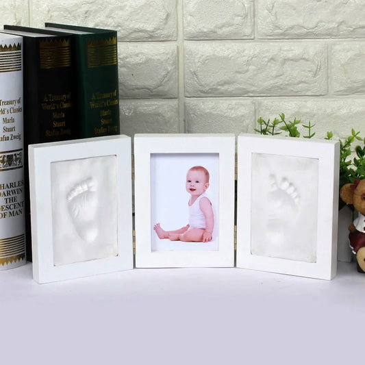 Newborn-3 Years Old White Solid Pine Tri-Fold Ink Pad Creating Hand-Foot In Plaster Of Paris Cement Print Keepsake Photo Frame