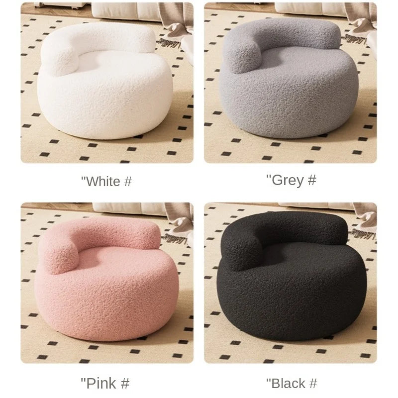 MLING Kids Modern Free-Standing Small Pink Round Shaped Low Curved C-Shaped Backrest Soft Comfortable Upholstered Padded Lamb Wool Fleece Fabric Cushions Solid Wood Frame Wear-Resistant Foot Pad Sofa Stool Ottomans/ Colors-White/Pink/Gray/Black