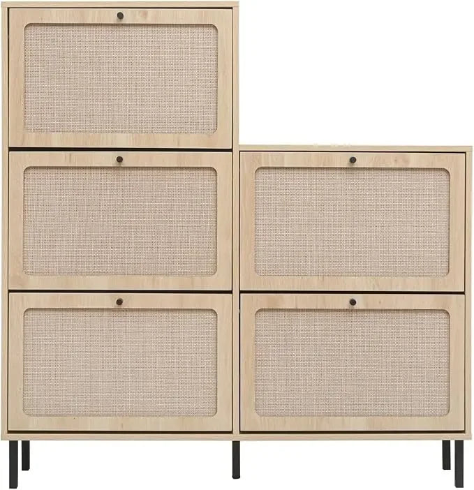 ANGDUO Indoor Beige-Black Natural Rattan 3 Tiers Flip-Out Drawers Free Standing Four Black Metal Feet Shoe Organizers/Product Dimension:9.45"D x 23.6"W x 48.9"H/ Product Weight:41lbs/Assembly Required/Storage Options Also