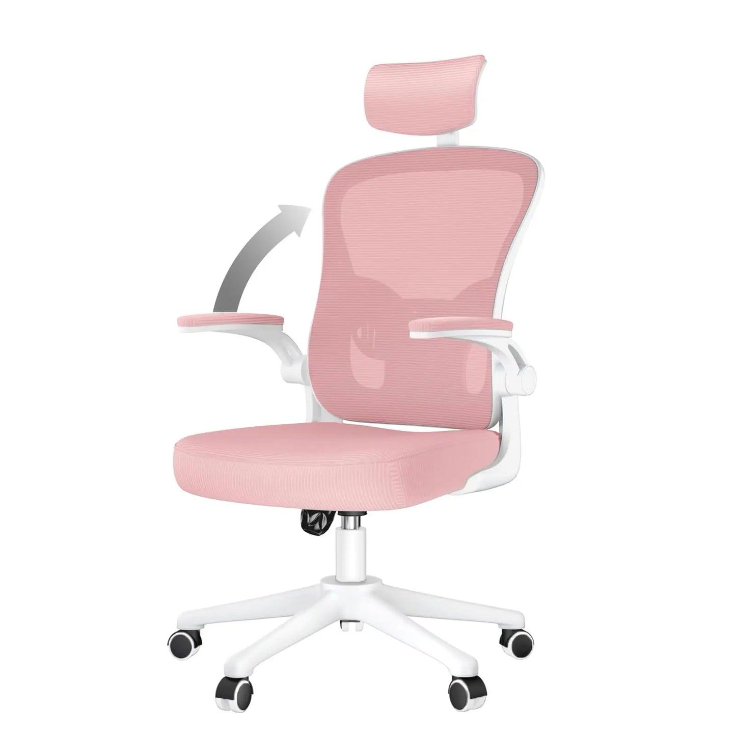 NASPALURO Pink Ergonomic Mesh High Back Flip-Up Armrest S-Shaped Curved Backrest-Five Adjustable Headrest-Foam Seat Depth-Lumbar Support White Aluminum Metal Base Gaming-Office Chairs/Colors-Pink/White/Black/ 4 Black Wheels
