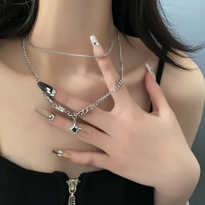 GUOLE Adults Fine Imitation Hip-Hop-Rock Style Silver Stainless Steel Metal Trim Four Pointed Star Black-Clear Crystal Mood Tracker Double-Layer Charm Pendant Chain Necklaces