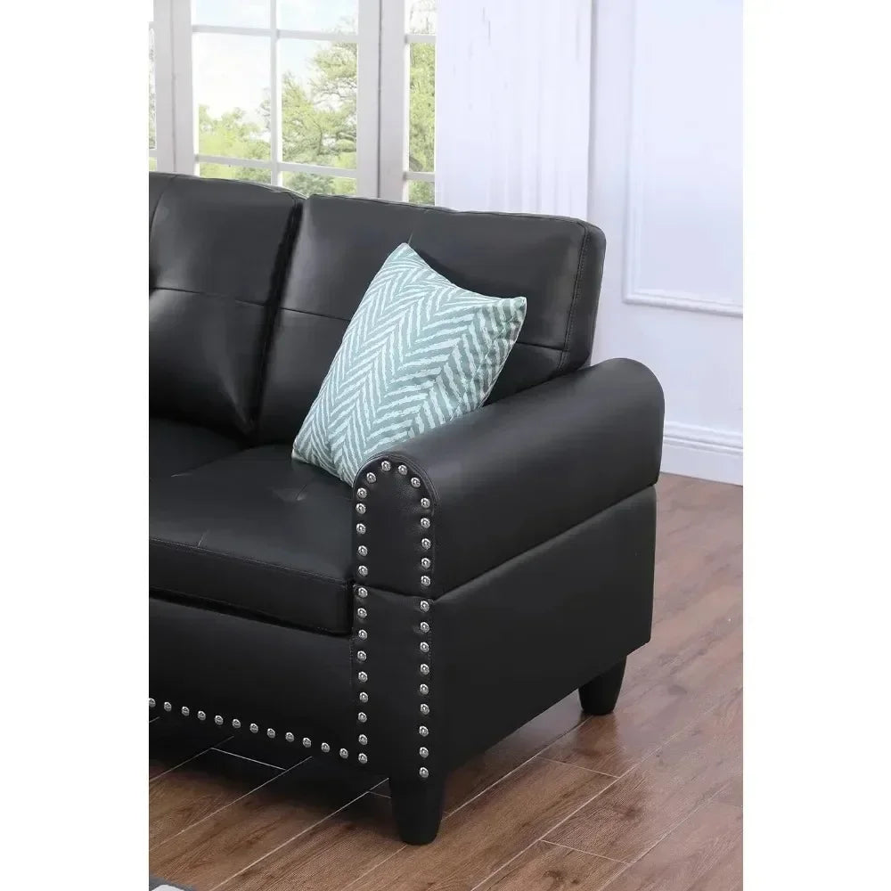 No-EN-Name-Null Modern Black L-Shaped Soft Faux Leather Fabric Cushions Sectional Sofas/ Chaise Lounge/Storage Ottoman/ 2 Cup Holders/Pillows/6-Seater Upholstered Tufting Corner