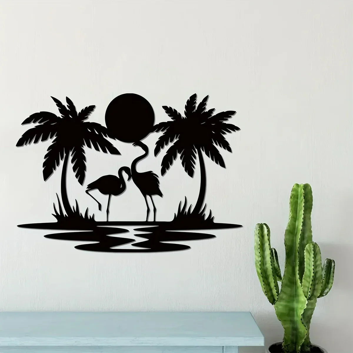 HELLOYOUNG Black Iron Metal Nature Palm Tree-Two Flamingo-Sunset On Water Design Wall Art Novelty Signs/Size: Length 21 cm/8.3 inches/Wide 30 cm /11.81 inches/Colors-Black/Multicolor