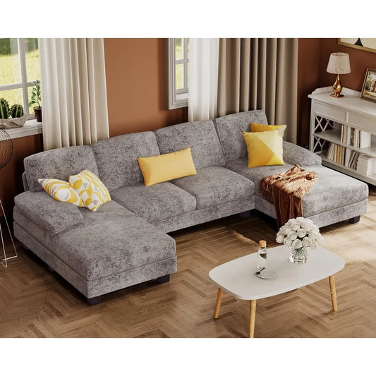MIFLAME 3 PCS Modern U-Shaped Soft Gray Comfortable Hemp Fabric Medium Firm Sectional Sofa Sets