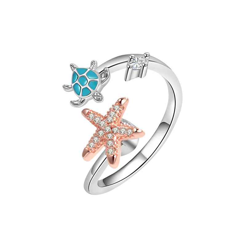 KOFSAC Women-Girls Sterling Silver Metal Austrian White Crystal Cubic Zirconia Tension Mount Twisting Cute Inlaid Pearl Starfish-Blue Stones Turtle Sea Creatures Design Rings