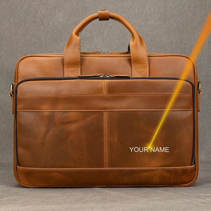 NEWSBIRDS Men Modern Rectangle Shaped Brown-Black Genuine Cowhide Leather Built-In 14-15.6 Inch Single Laptop Compartment Metal Zipper Two Handles-Detachable-Adjustable Shoulder Strap Briefcases