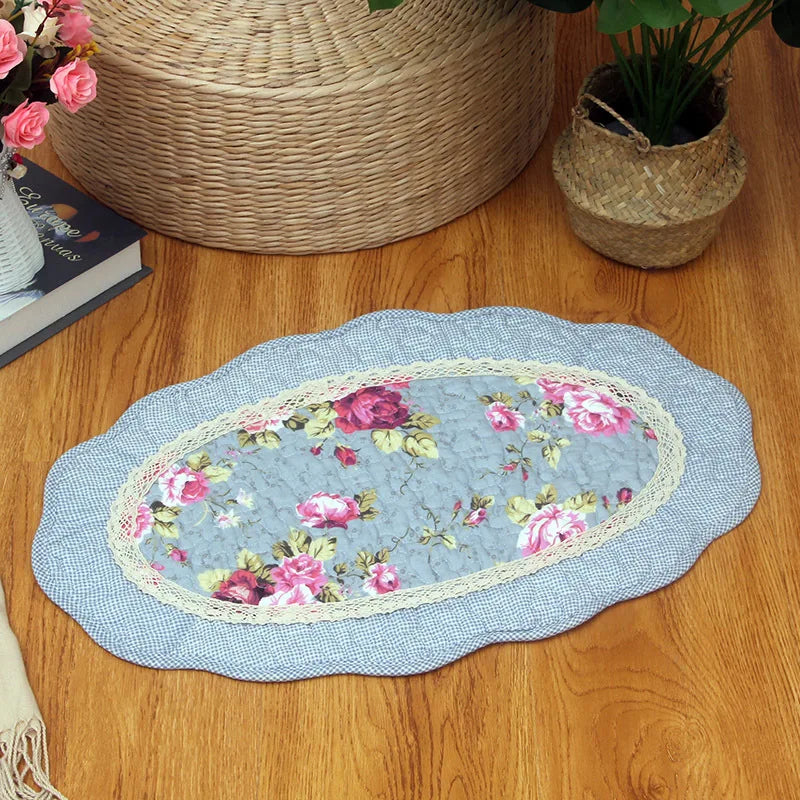 No-EN-Name-Null Indoor Non-Toxic Waterproof Fade Resistant Cotton Fabric Quilted Patchwork Floral Design Hand-Knotted Flatweave Anti-Slip Base Oval Floor Mats-Rugs/Hand-Machine Wash/Colors-Floral/Dots/Striped/Checkered/Multicolor