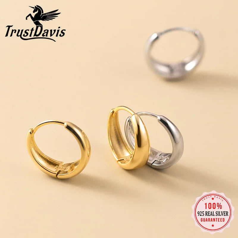 TRUSTDAVIS Adult Women Fine Sterling Silver-Gold-Plated Round Metal Hoop Earrings