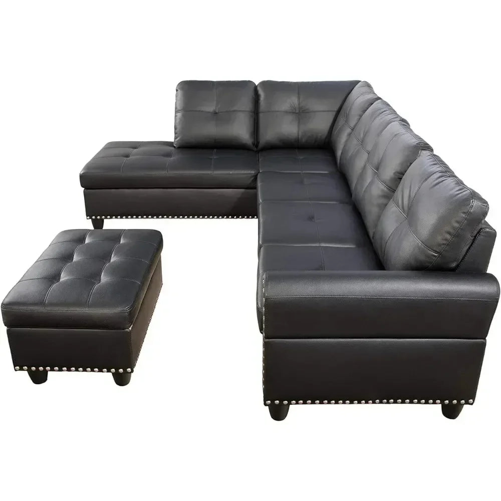 No-EN-Name-Null Modern Black L-Shaped Soft Faux Leather Fabric Cushions Sectional Sofas/ Chaise Lounge/Storage Ottoman/ 2 Cup Holders/Pillows/6-Seater Upholstered Tufting Corner