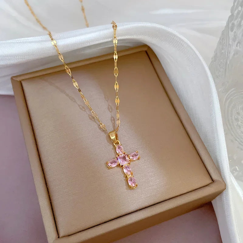 No-EN-Name-Null Women Fine Imitation Stainless Steel Gold-Plated Metal Cubic Zirconia All-Crystal Clear White Shiny Diamond Accents Stones Cross Pendant Necklaces/Colors-Brown/Clear/Green/Gold/Pink