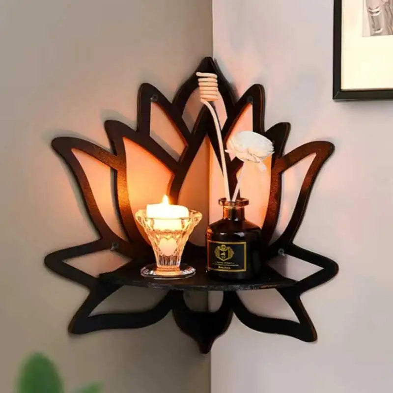 Modern Handmade Unique Creative Bohemia Black Solid Wood Hollow Out Floral Lotus Flower Design Wall Mounted Corner Shelves-Ledges