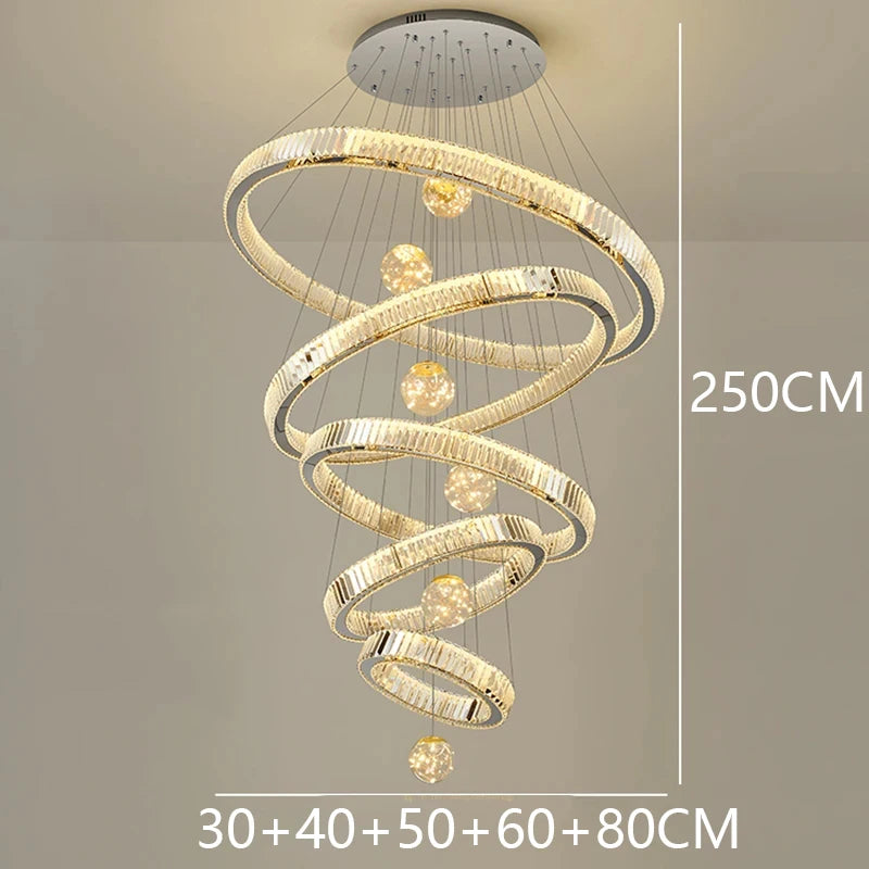 Modern Stainless Steel LED Warm Cool Twisted Ring Cord Pendant Hanging Crystal Chandelier Ceiling Lights/Dimming Remote Control/Touch On-Off/Colors-Gold/Silver