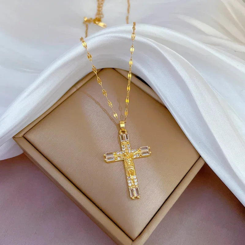 No-EN-Name-Null Women Fine Imitation Stainless Steel Metal Gold-Plated Clear White Shiny Crystal Cubic Zirconia Diamond Accents Stones Hollow Out Cross Pendant Necklaces/Colors-Gold/Silver/Clear/White/Pink/Green