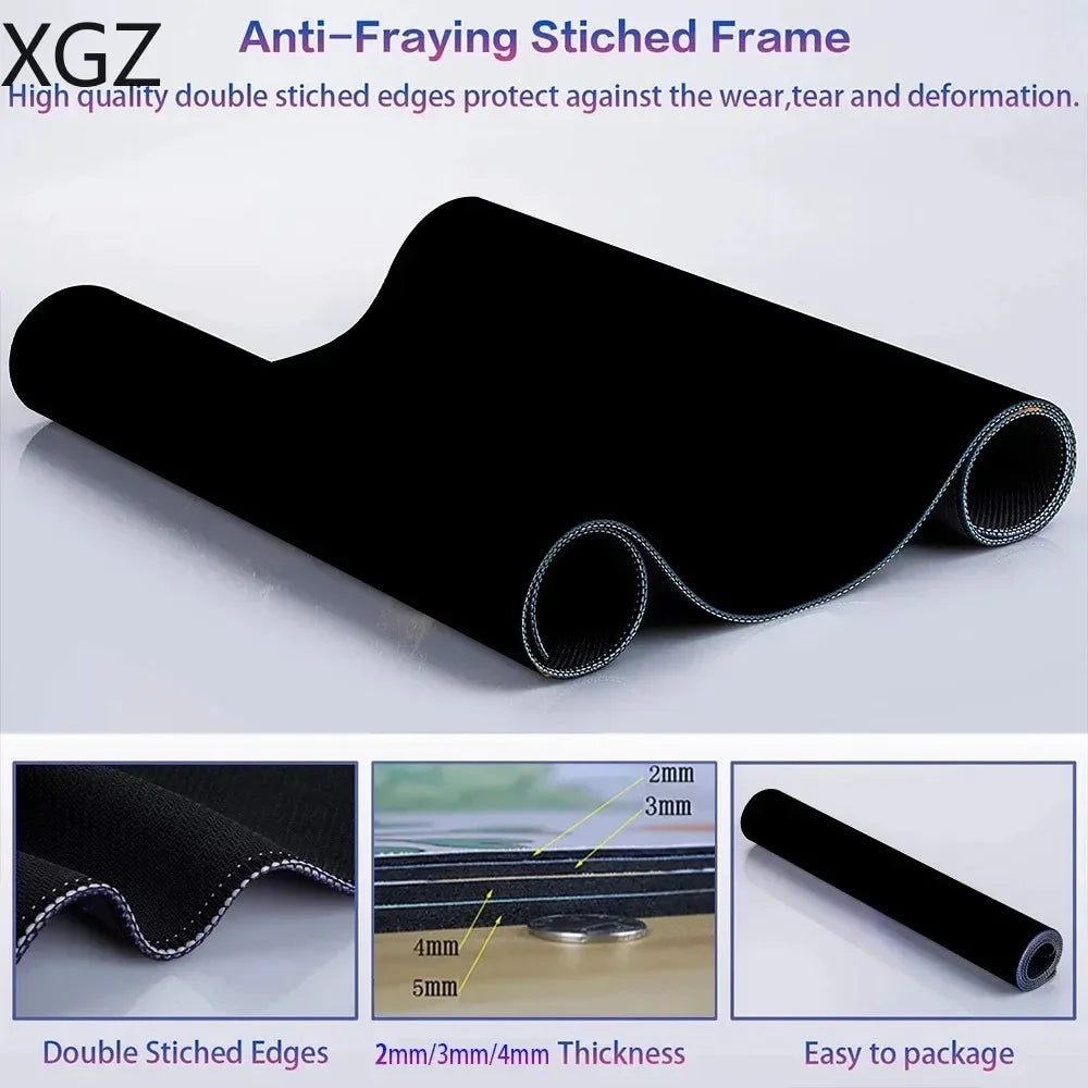 XGZ Customized XL-XXL Large Sizes Printed Ultra Smooth Polyester Fabric Surface Top Durable Washable Anti-Fade Black Rectangle Non-Slip Natural Rubber Base Stitched Edges Gaming Mouse Pads