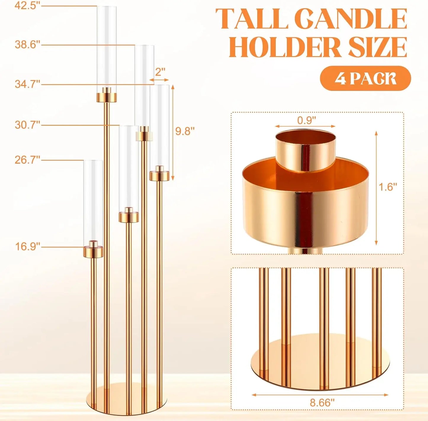 MS-MADE Elegance 4 PCS Tall Five Crowned Arms Gleaming Gold Metal-Acrylic Glass Shades Round Cylindrical Shaped Candelabra Wedding Floor Candle Holders