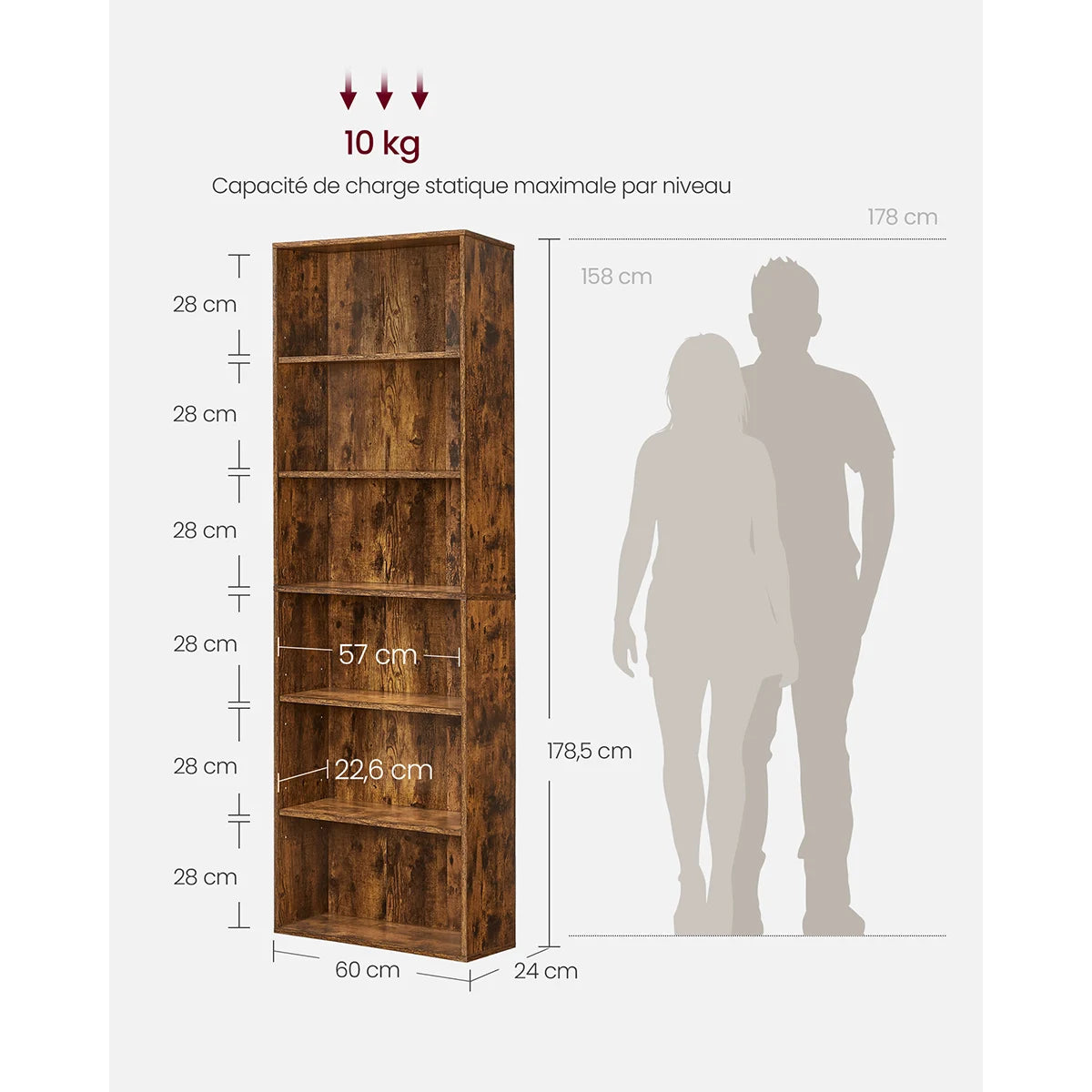 VASAGLE Rustic Brown Six Shelves Wood Particle Board Wall-Mounting Ant-Tilt Protection Metal Brackets Rack Bookcases/ Size: 24 x 60 x 178.5 cm/Mounting Kit Included