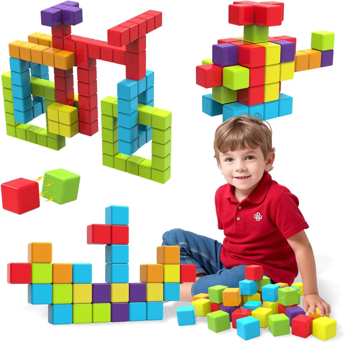 No-EN-Name-Null Kids Non-Toxic Multicolor Plastic Square Shaped Strong Magnetic Micro Building Smooth Edges Blocks Construction Set Toys/ Colors-Red/Multicolor/Ages: 3-18 Years Old-Adults