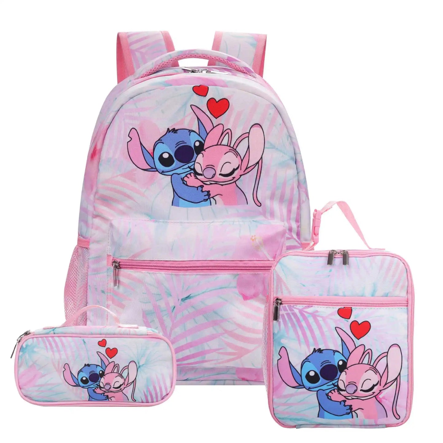 Disney Kids Large 3 PCS Cute Cartoon Stitch Movies-TV Theme Design Pink Polyester Fabric  Shoulder Straps-Handle Zipper Pockets School Backpacks Sets/Pencil Case/Small Accessory Bag/Colors-Multicolor/Pink/Blue